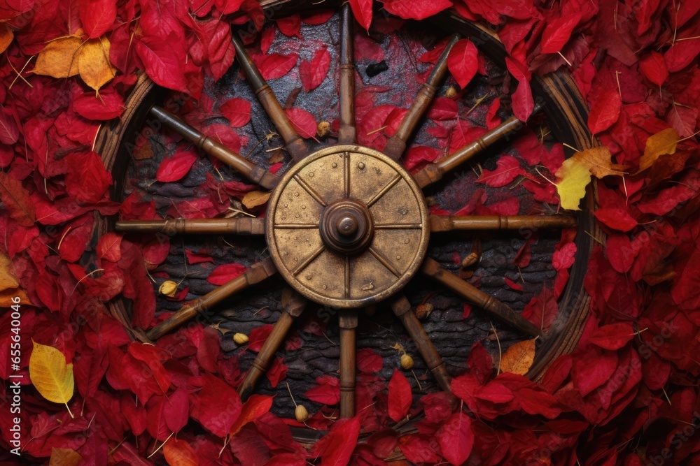 close shot of wagon wheel in crimson and gold leaf litter
