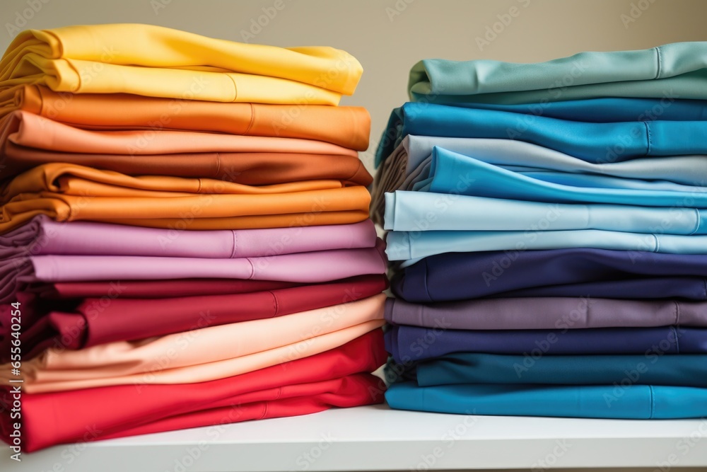 a variety of colorful scrubs neatly folded