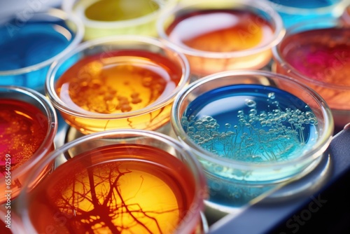 detail of petri dishes with colorful cultures in a lab