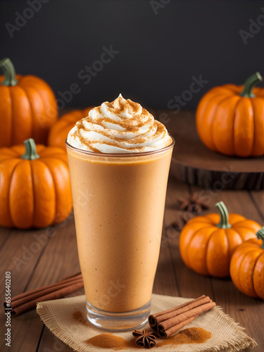 Pumpkin latte frappe with a lot of whipping cream, autumn drink in wooden table
