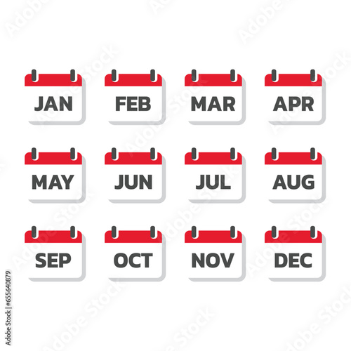 Calendar with months colorful vector icon set. Red and whine calendar with month January, February icons.