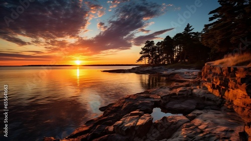 Sunrise casting a golden glow over serene coastal inlet 