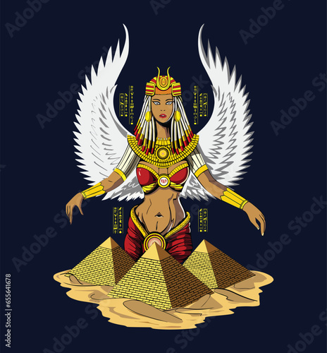 Illustration of Ancient Cleopatra with her wings and pyramids