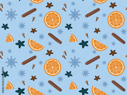 Pattern of spices and dried fruits. New Year's pattern for gift wrapping, printing cards or napkins. printing on clothes. set for mulled wine: anise, orange, cinnamon, cardamom, cloves.