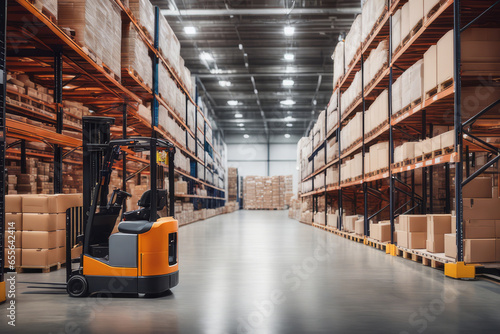 Retail warehouse full of shelves with goods in cartons, with pallets and forklifts. Logistics and transportation blurred background. Product distribution center. © Adrin