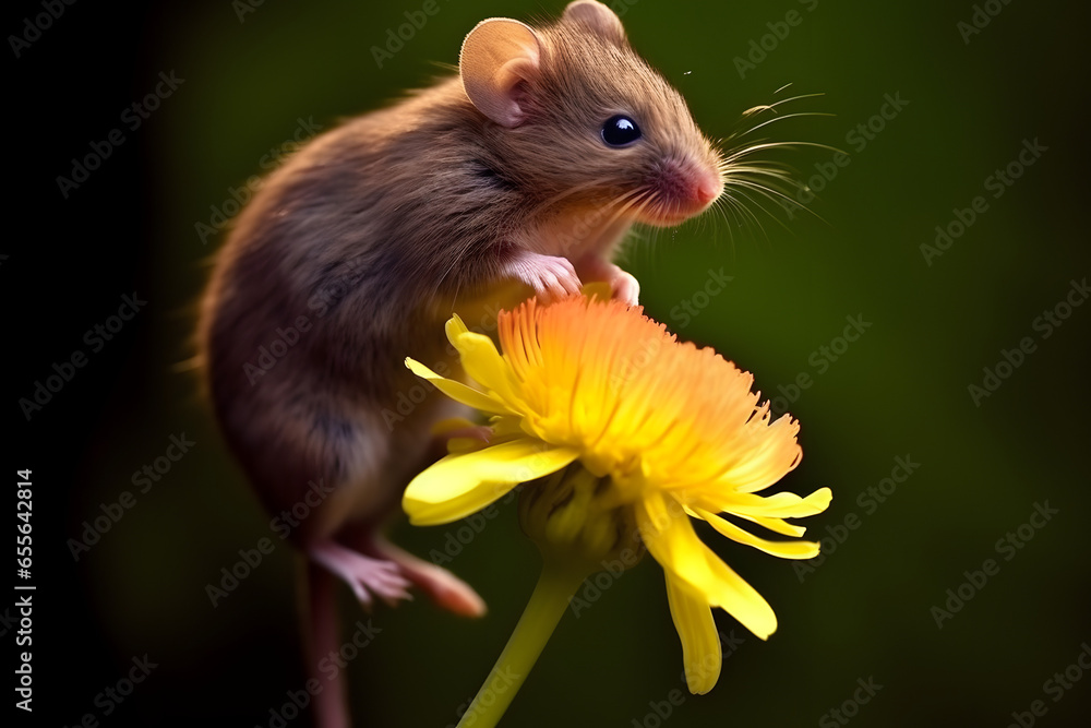 mouse climbing flower stalk photography style Made with Generative AI