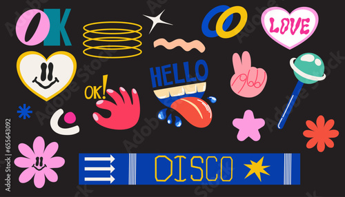 Naive playful abstract shapes sticker pack. Funny acid stickers. Groovy circle oval rectangle arch eyes typography in trendy retro 90s cartoon style. Vector illustration with wavy geometric elements.