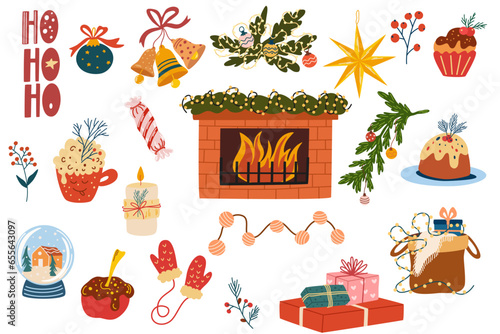 Christmas set of festive symbols and design elements. Decorations, fireplace, toys, candles, gift. Collection of albums for clippings. Winter greeting card. Happy New Year. Vector Illustration