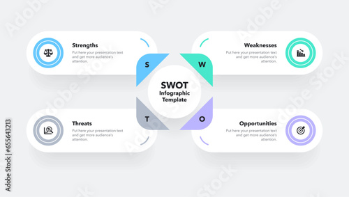 Modern swot analysis concept with four options and place for your description. Simple flat template for project data visualization.	