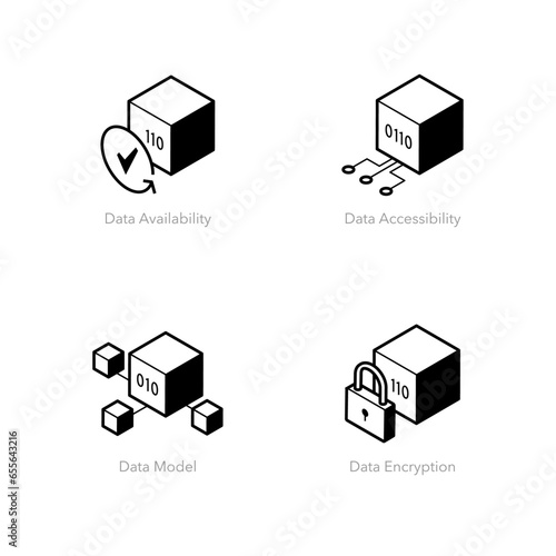 Simple set of cloud analytics icons. Contains such data symbols as Availability, Accessibility, Model and Encryption.