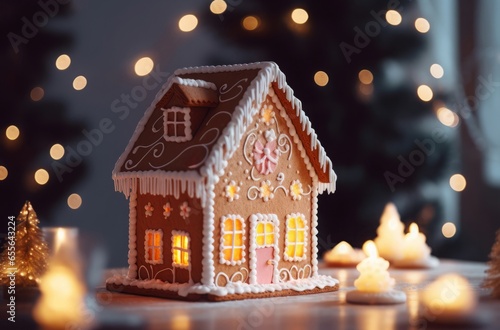 Gingerbread cozy home lights. Food sale. Generate Ai