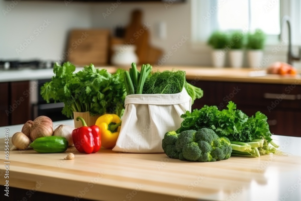 canvas bag with fresh organic produce on kitchen counter canvas bag with fresh organic produce on kitchen counter