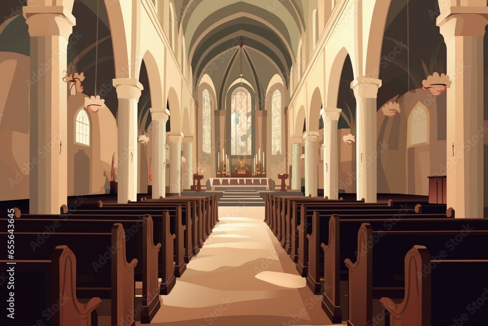 Illustration of a church interior. Generative AI