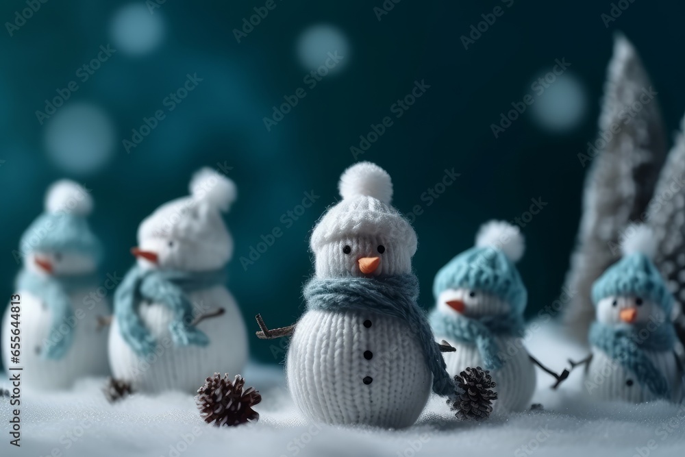 Obraz premium A festive group of snowmen wearing hats and scarves in a winter wonderland