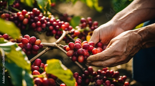 hands of a person holding a bunch of coffee beans, harvest for coffee beans, close-up of hands picking up of coffee beans
