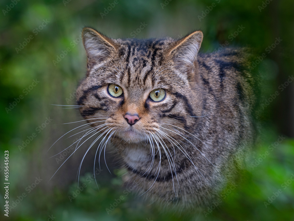 European wildcat (Felis silvestris silvestris) portrait, captive.Green foliage digitally added European wildcat (Felis silvestris silvestris) portrait, captive.Green foliage digitally added