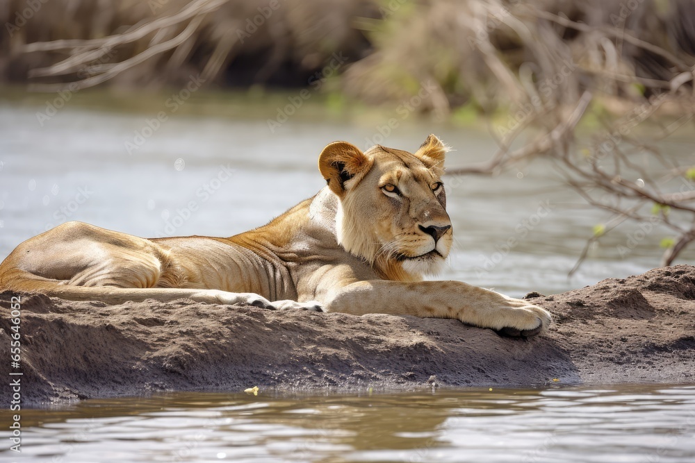 A majestic lion resting on a rocky perch by a tranquil river A majestic lion resting on a rocky perch by a tranquil river