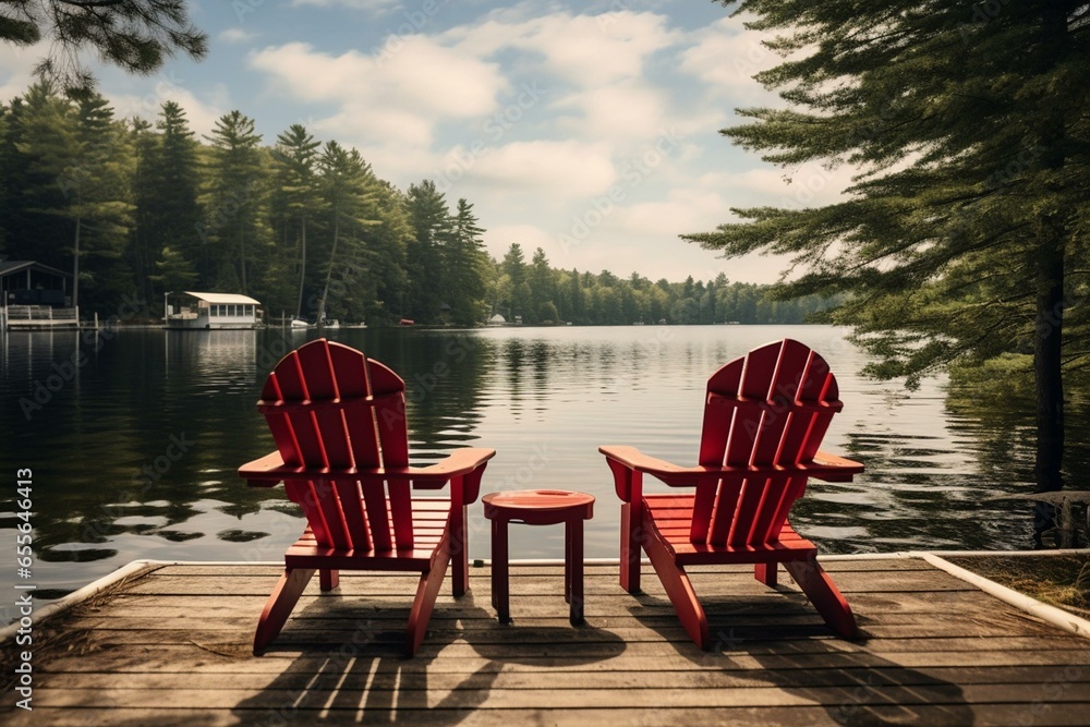 Two chairs on wooden dock by lake in Muskoka, Ontario. Red canoe tied to pier. Cottages visible across water, nestled among trees. Generative AI