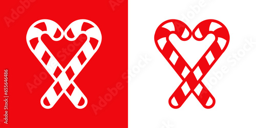 Logo candy cane de navidad. Silueta de 2 bastones de caramelo cruzados con forma de corazón para su uso en invitaciones y felicitaciones photo