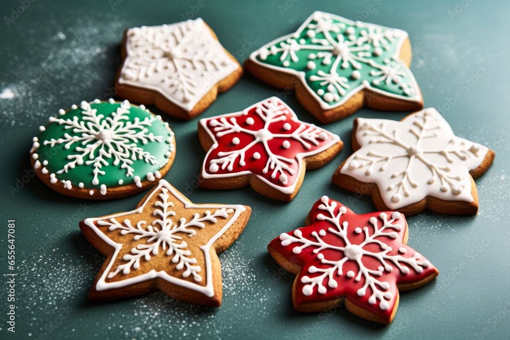 Decorated Christmas cookies spread on kitchen countertop isolated on a gradient background 