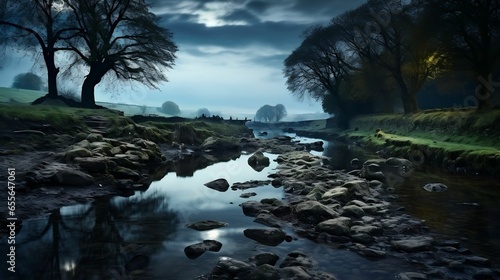 Landscape basks in tranquil, silvery moonlit glow 