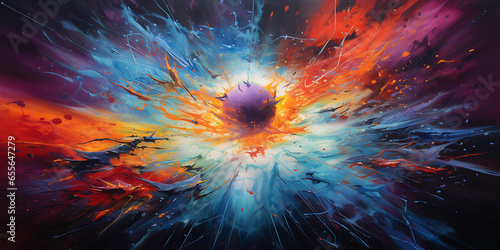 An explosive abstract artwork with intense bursts of electric blues, fiery oranges, and vivid purples that portrays the chaos and beauty of a cosmic explosion