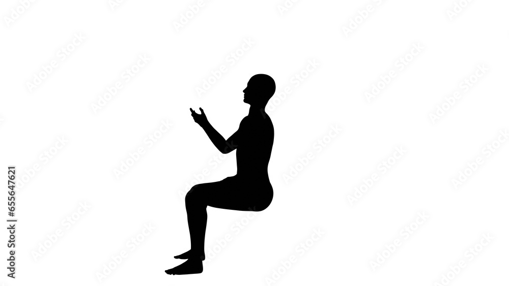 Silhouette of a beautiful young athletic man sitting down and gesturing, transparent background. 3d illustration (rendering).