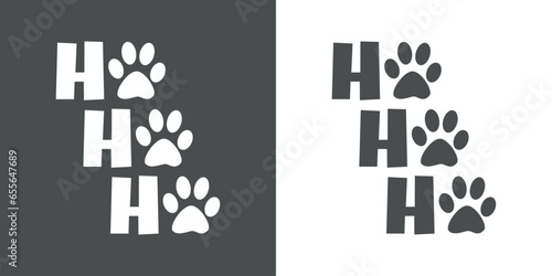 Logo pet friendly. Saludo de Navidad. Texto manuscrito Ho Ho Ho con silueta de zarpa de perro o gato en lugar de letra O para su uso en invitaciones y felicitaciones