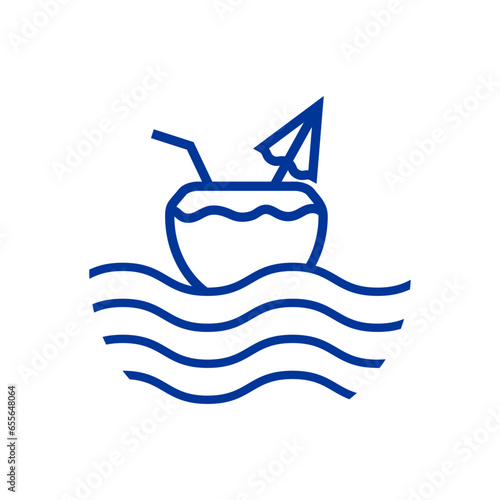 Logo coconut beach bar. Silueta lineal de bebida de coco con parasol como barco con olas de mar