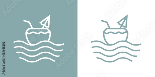 Logo coconut beach bar. Silueta lineal de bebida de coco con parasol como barco con olas de mar