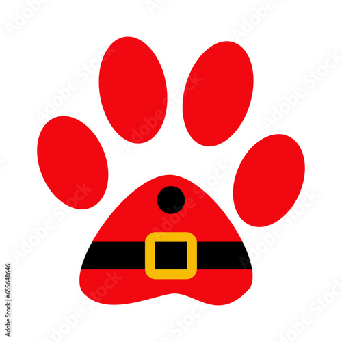 Tiempo de Navidad. Logo pet friendly. Silueta de zarpa de perro o gato con traje de Santa Claus para su uso en tarjetas y felicitaciones
