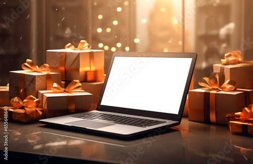 online shopping mockup laptop with festive gifts and presents