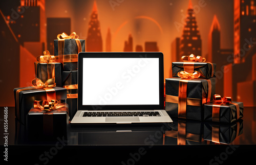 online shopping mockup laptop with festive gifts and presents