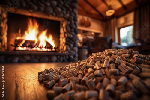 Low angle view with dark lighting of biomass pellets in front of fireplace in background of lodge. Travel concept of vacation and holiday.
