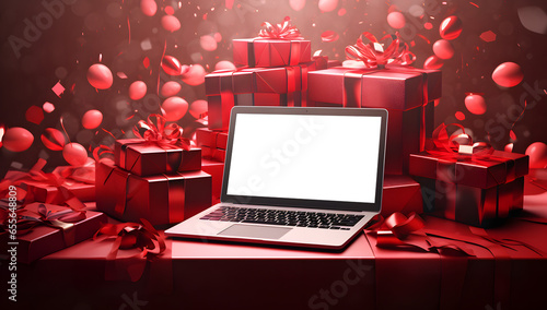online shopping mockup laptop with festive gifts and presents