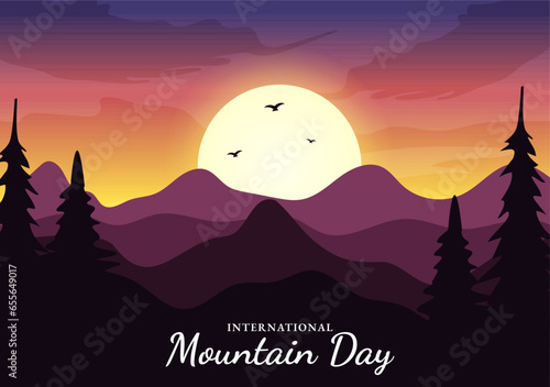 International Mountain Day Vector Illustration on December 11 with Mountains Panorama, Green Valley and Trees in Flat Cartoon Background Design
