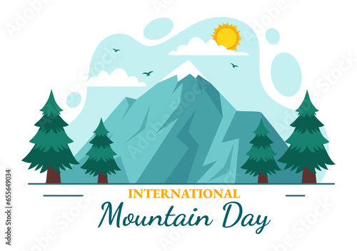 International Mountain Day Vector Illustration on December 11 with Mountains Panorama, Green Valley and Trees in Flat Cartoon Background Design