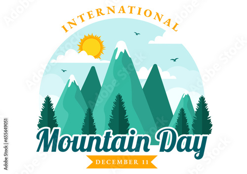 International Mountain Day Vector Illustration on December 11 with Mountains Panorama, Green Valley and Trees in Flat Cartoon Background Design