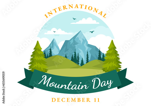 International Mountain Day Vector Illustration on December 11 with Mountains Panorama, Green Valley and Trees in Flat Cartoon Background Design