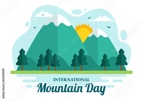 International Mountain Day Vector Illustration on December 11 with Mountains Panorama, Green Valley and Trees in Flat Cartoon Background Design