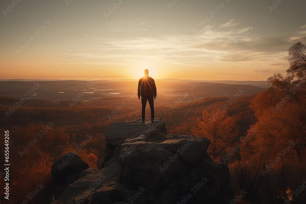 Fototapeta premium A man standing on top of a mountain at sunset