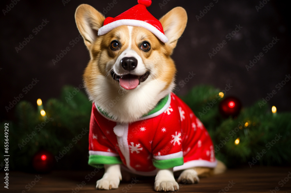 Corgi in a Santa suit. Dog near the Christmas tree