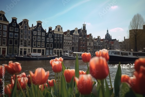 Amsterdam skyline, canal house, tulips. Generative AI