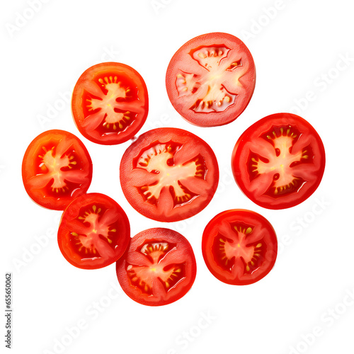 flat lay composition of 8 tomatoes isolated on white background or transparent background