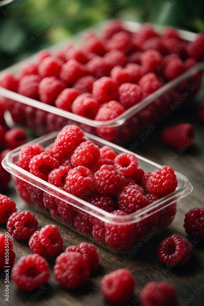 Fresh raspberries in plastic containers on a table Fresh raspberries in plastic containers on a table