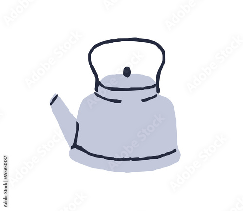 Tea kettle, pot in retro style. Metal steel teakettle, teapot with handle. Stovetop kitchen appliance for boiling water. Flat vector illustration isolated on white background