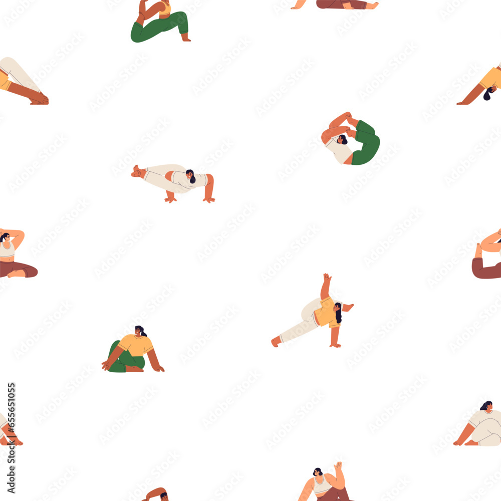Yoga asanas, seamless pattern design. Woman in different stretching poses, positions, repeating print. Endless sport background with people exercising. Flat vector illustration for fabric, textile
