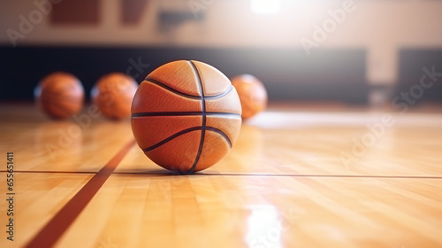 Two basketball balls laying on the floor  photo