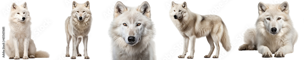 arctic wolf collection (sitting, standing, portrait, side view, lying), animal bundle isolated on a white background as transparent PNG