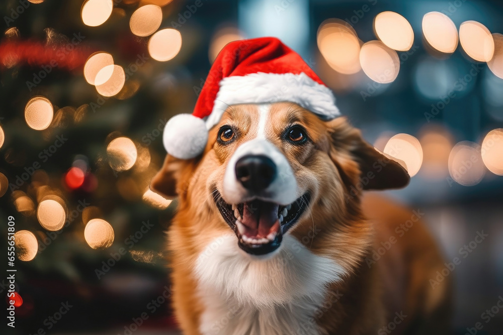 Portrait of christmas dog wearing santa hat with bokeh background Portrait of christmas dog wearing santa hat with bokeh background